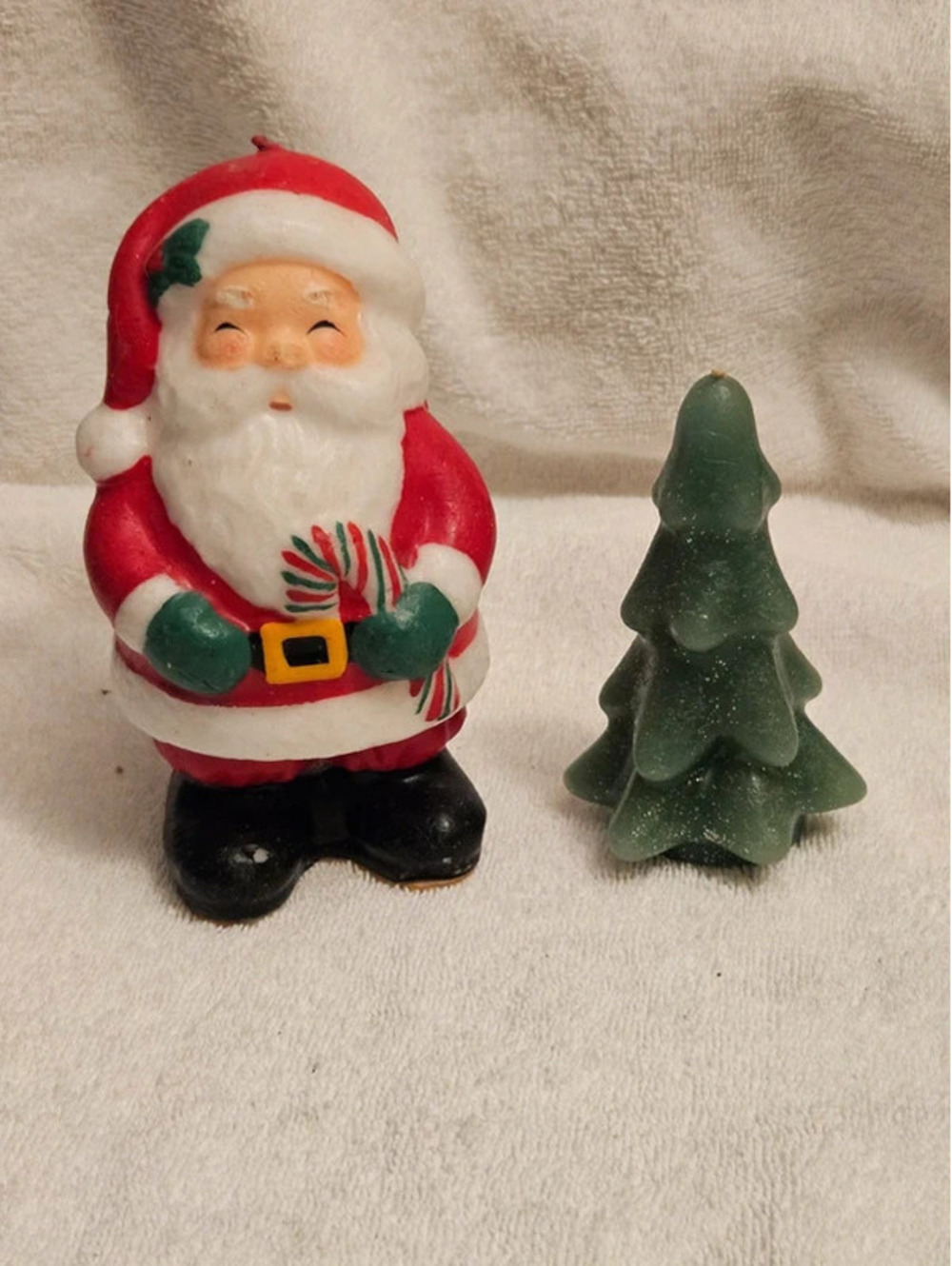 VTG Avon Jolly Santa & Green Christmas Tree Candle Lot Unburned 5.5” 4”